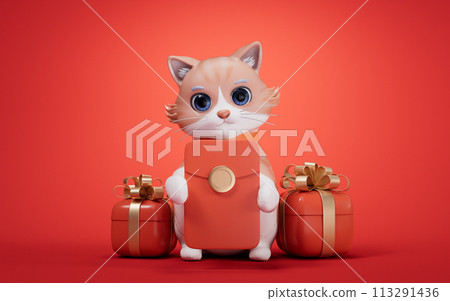3D cartoon style cute cat and Chinese lucky red package, 3d rendering. 113291436