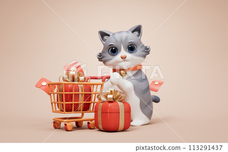 3D cartoon style cute cat and shopping cart, 3d rendering. 3D cartoon style cute cat and shopping cart, 3d rendering. 113291437