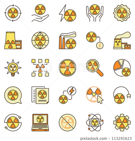 Nuclear Power colored icons set. Radiation and Radioactive concept vector symbols Nuclear Power colored icons set. Radiation and Radioactive concept vector symbols 113291623