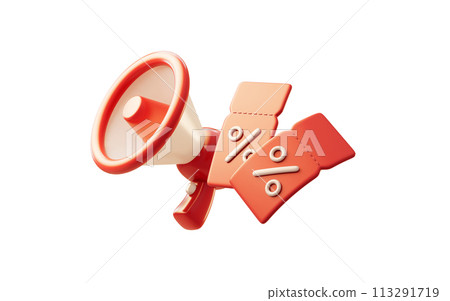 Loudspeaker and red discount coupon tickets, 3d rendering. 113291719