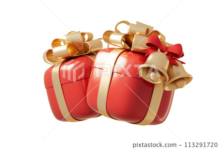 Gift box and golden bells, 3d rendering. Gift box and golden bells, 3d rendering. 113291720