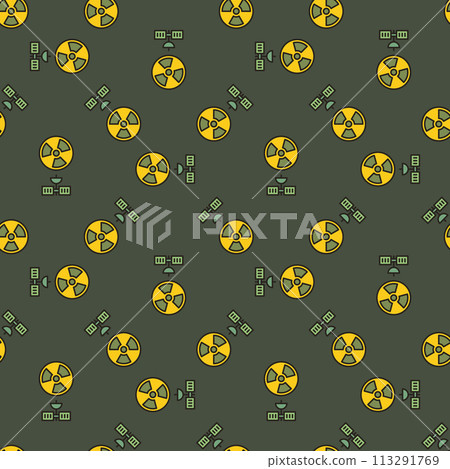 Radiation symbol and Satellite in Space vector colored seamless pattern Radiation symbol and Satellite in Space vector colored seamless pattern 113291769