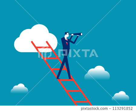 Confidence executive businessman company leader standing on ladder of success using telescope for future vision 113291852