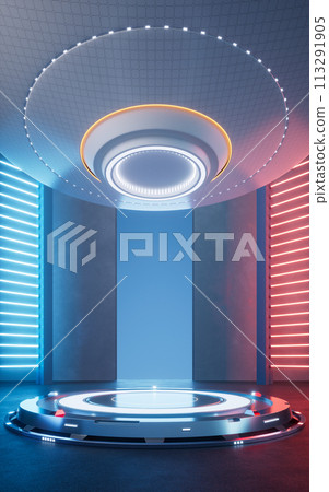 Futuristic stage with glowing neon lights, 3d rendering. 113291905