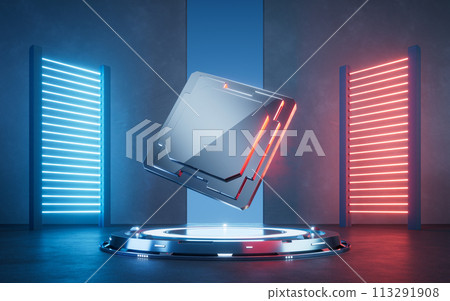 Circuit chip with glowing neon lights, 3d rendering. Circuit chip with glowing neon lights, 3d rendering. 113291908