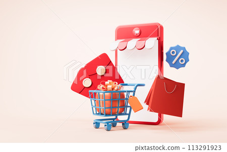 Online market store with cartoon style, 3d rendering. Online market store with cartoon style, 3d rendering. 113291923