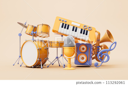 Music instruments with cartoon style, 3d rendering. Music instruments with cartoon style, 3d rendering. 113292061
