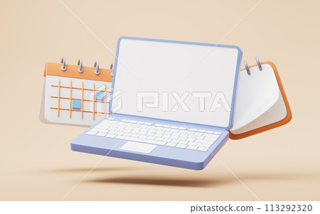 Cartoon style laptop and calendar, 3d rendering. Cartoon style laptop and calendar, 3d rendering. 113292320