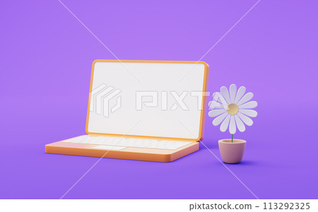 Laptop and potted flower, 3d rendering. 113292325