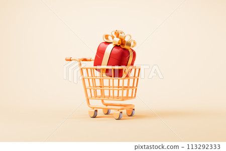 Cartoon shopping cart with shopping theme, 3d rendering. 113292333