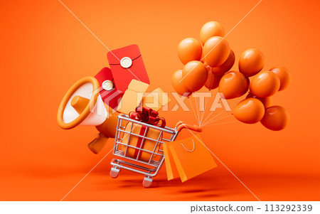 Cartoon shopping cart with shopping theme, 3d rendering. Cartoon shopping cart with shopping theme, 3d rendering. 113292339