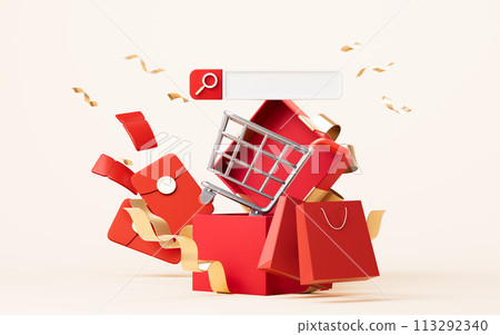 Cartoon shopping cart with shopping theme, 3d rendering. Cartoon shopping cart with shopping theme, 3d rendering. 113292340