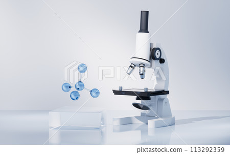 Molecule and microscope in the laboratory, 3d rendering. 113292359