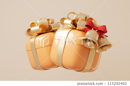 Gift box and golden bells, 3d rendering. Gift box and golden bells, 3d rendering. 113292402