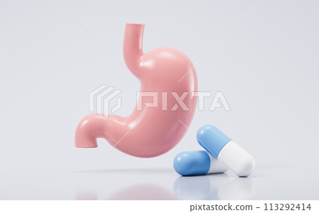 Human stomach and medicine capsules, 3d rendering. Human stomach and medicine capsules, 3d rendering. 113292414