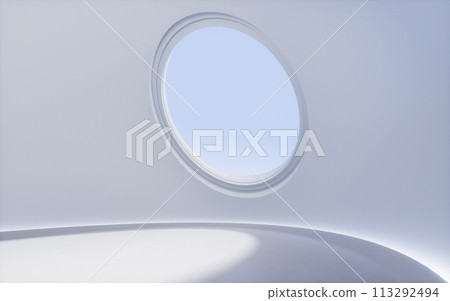 Empty room with round window, 3d rendering. Empty room with round window, 3d rendering. 113292494