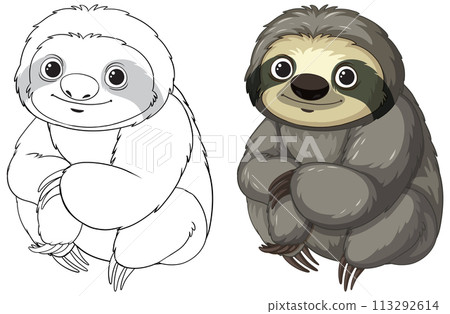Cute Sloth Illustration in Color and Greyscale 113292614