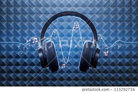 Noise-canceling headphone with sound-absorbing cotton background, 3d rendering. Noise-canceling headphone with sound-absorbing cotton background, 3d rendering. 113292716