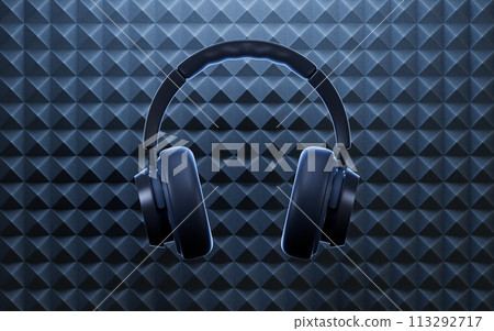 Noise-canceling headphone with sound-absorbing cotton background, 3d rendering. Noise-canceling headphone with sound-absorbing cotton background, 3d rendering. 113292717