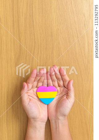 Pansexual Pride Day and LGBT pride month concept. hand holding pink, yellow and blue heart shape for Lesbian, Gay, Bisexual, Transgender, Queer and Pansexual community 113292795