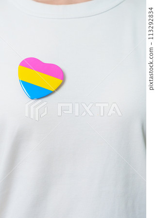 Pansexual Pride Day and LGBT pride month concept. hand holding pink, yellow and blue heart shape for Lesbian, Gay, Bisexual, Transgender, Queer and Pansexual community 113292834