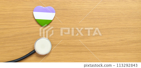 Queer Pride Day and LGBT pride month concept. purple, white and green heart shape with Stethoscope for Lesbian, Gay, Bisexual, Transgender, genderqueer and Pansexual community Queer Pride Day and LGBT pride month concept. purple, white and green heart shape with Stethoscope for Lesbian, Gay, Bisexual, Transgender, genderqueer and Pansexual community 113292843