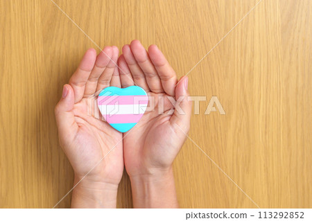 Transgender Day and LGBT pride month,  LGBTQ+ or LGBTQIA+ concept. hand holding blue, pink and white heart shape for Lesbian, Gay, Bisexual, Transgender, Queer and Pansexual community 113292852