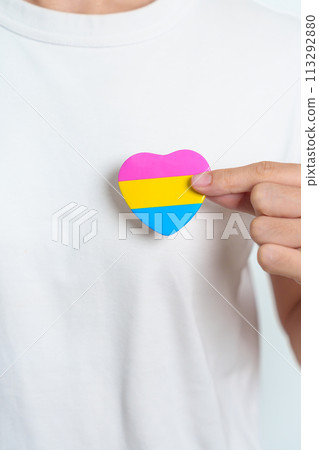 Pansexual Pride Day and LGBT pride month concept. hand holding pink, yellow and blue heart shape for Lesbian, Gay, Bisexual, Transgender, Queer and Pansexual community 113292880