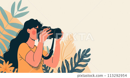 一個女人拿著相機的插圖 113292954