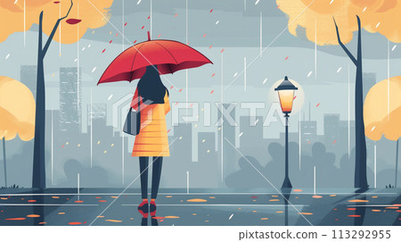 一個女孩在下雨天走過雨天的城市景觀的插圖 113292955
