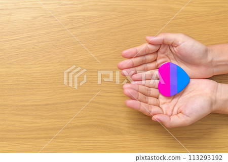 Bisexuality Celebrate Day and LGBT pride month, LGBTQ+ or LGBTQIA+ concept. Hand holding purple, pink and blue heart shape for Lesbian, Gay, Bisexual, Transgender, Queer and Pansexual community Bisexuality Celebrate Day and LGBT pride month, LGBTQ+ or LGBTQIA+ concept. Hand holding purple, pink and blue heart shape for Lesbian, Gay, Bisexual, Transgender, Queer and Pansexual community 113293192