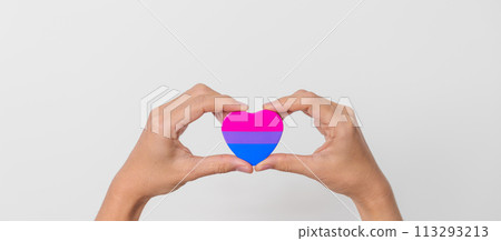 Bisexuality Celebrate Day and LGBT pride month, LGBTQ+ or LGBTQIA+ concept. Hand holding purple, pink and blue heart shape for Lesbian, Gay, Bisexual, Transgender, Queer and Pansexual community Bisexuality Celebrate Day and LGBT pride month, LGBTQ+ or LGBTQIA+ concept. Hand holding purple, pink and blue heart shape for Lesbian, Gay, Bisexual, Transgender, Queer and Pansexual community 113293213
