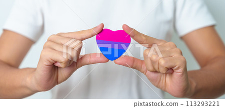 Bisexuality Celebrate Day and LGBT pride month, LGBTQ+ or LGBTQIA+ concept. Hand holding purple, pink and blue heart shape for Lesbian, Gay, Bisexual, Transgender, Queer and Pansexual community Bisexuality Celebrate Day and LGBT pride month, LGBTQ+ or LGBTQIA+ concept. Hand holding purple, pink and blue heart shape for Lesbian, Gay, Bisexual, Transgender, Queer and Pansexual community 113293221