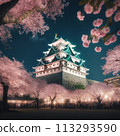 Cherry blossom viewing at the illuminated castle tower Cherry blossom viewing at the illuminated castle tower 113293590