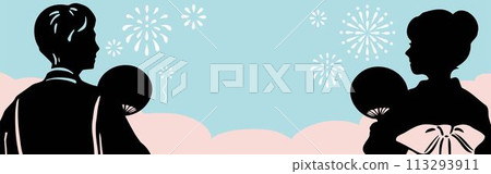 Banner Summer Yukata Fireworks Festival Men Women Silhouette Hand-drawn Japanese Style Frame Background Illustration Material Banner Summer Yukata Fireworks Festival Men Women Silhouette Hand-drawn Japanese Style Frame Background Illustration Material 113293911