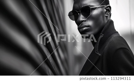 Stylish black Man in Sunglasses Posing by a Wall in Monochrome 113294311