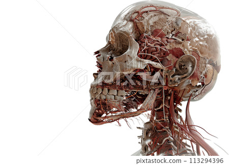Human Skull Anatomy Illustration. Detailed 3D Rendering of Head with Transparent Muscles and Vascular System. 113294396