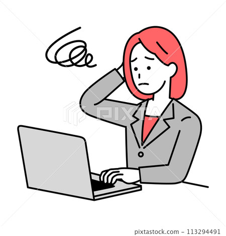 一位在筆記型電腦上工作的女士看起來很困擾 113294491