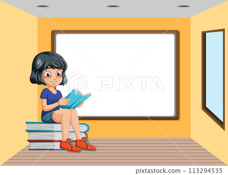 Young Girl Reading by Whiteboard Young Girl Reading by Whiteboard 113294535