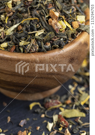delicious dry tea with additives for taste and aroma 113294703