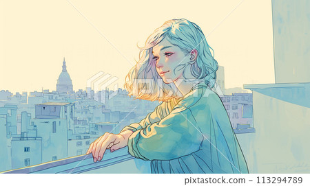 Smiling woman looking at the city from a high place Smiling woman looking at the city from a high place 113294789