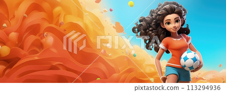 Cartoon character in style, banner copy space background, Cute animated figure standing with a ball playing a sports game volleyball 113294936