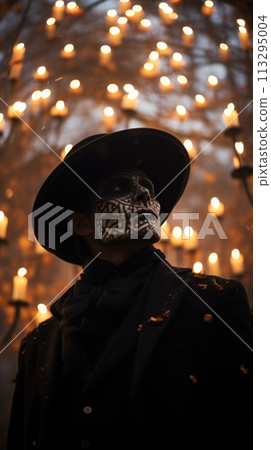 Day of the dead dia de muertos a holiday honoring the dead, the souls of deceased relatives visit home skulls, skeletons, Halloween makeup. venerating the dead creatively beautiful . 113295004