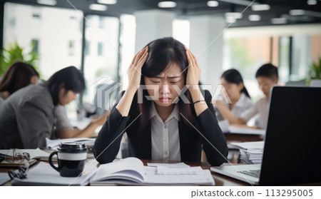 Stress at work, pressure from superiors, fatigue irritability, deadline, stressful business, busy schedule, managerial executive, middle management employee apathy mental burnout. 113295005