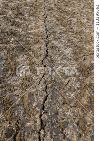 cracks and fractures on the frozen soil of the field in winter cracks and fractures on the frozen soil of the field in winter 113295063