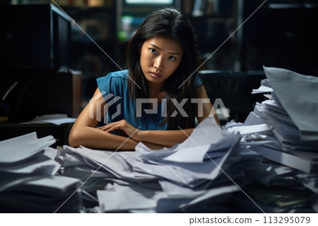 Stress at work, pressure from superiors, fatigue irritability, deadline, stressful business, busy schedule, managerial executive, middle management employee apathy mental burnout. 113295079
