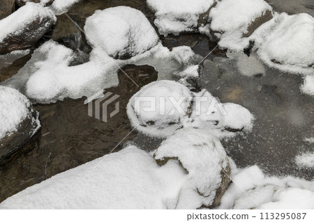 a small river covered with snow and ice in winter a small river covered with snow and ice in winter 113295087
