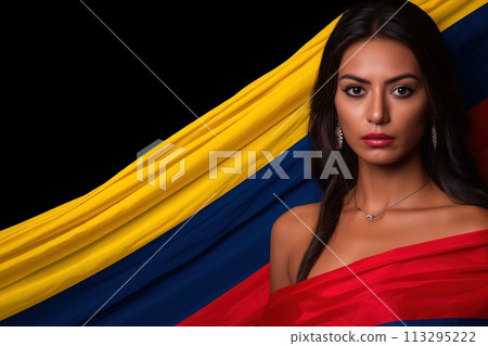 A person with a Colombian flag. Patriotism, national sentiment, culture authenticity, flag colors, people ethnic. Colombia 113295222