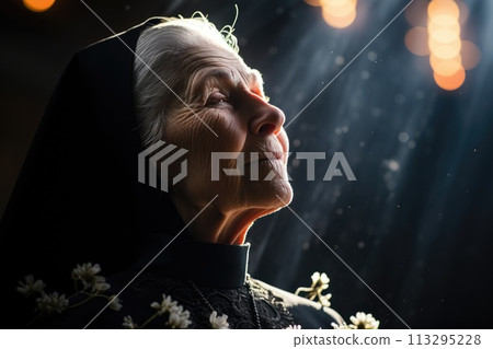 Religious concept, person prays to god, nun, faith bible, church. member of religious community of laurel monastery, penance 113295228