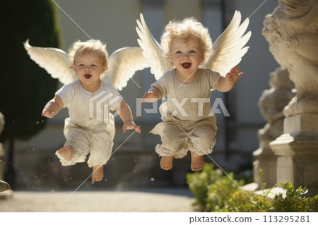 angel art cupid Cute children, purity innocence, wings with feathers fly, bible religion, baptism christening god, newborn cupid kindness birthday greetings . 113295281
